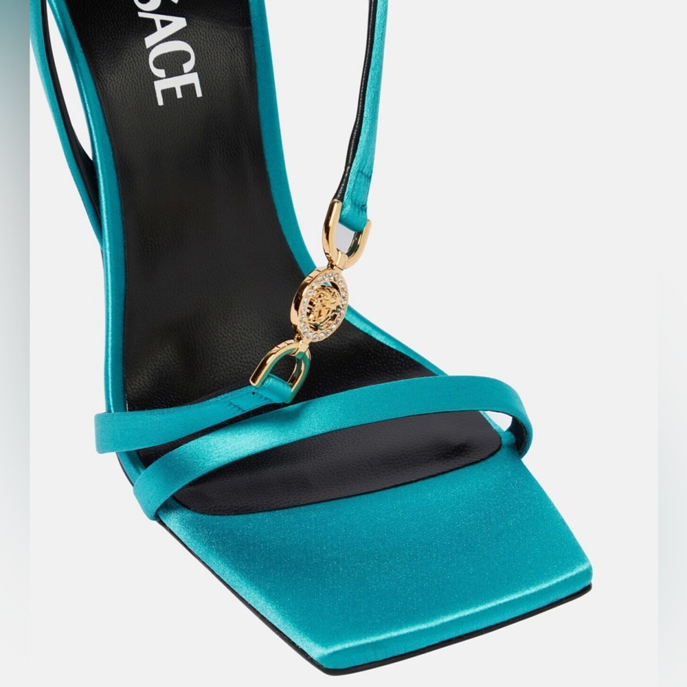Versace NWOT Turquoise Gold Medusa ‘95 Strappy Satin Stiletto Heels (Size 37.5) - Picture 6 of 6